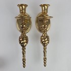 Vintage Brass Wall Sconces Candle Holders Amber Glass Votive Shades Pair