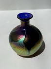 Lundberg Studios 1999  Van Gogh Art Glass Pulled Feather Vase Cobalt Blue