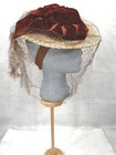 Antique Hat Woman s White Straw Tip Tilt Rust Ribbon And Veil Original 1940