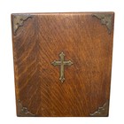 Antique Wooden Communion Box Brass Cross Purple Velvet Lined Church Relic Case
