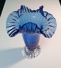 Cobalt Blue 10-1 2  Cleared Footed Ribbed Vase Ruffled Edge Vintage