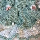 Vtg Handmade Crocheted Bed Pillow Doll Green White Double Skirt 17   w Blue Eyes