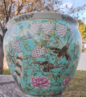 Giant Enameled Birds   Grapes Chinese Export Porcelain Fish Bowl Planter 21  Dia