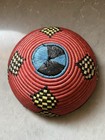 African Handwoven Coil Basket Bowl 7    Red Black Blue Geometric Fiber Art Vintage