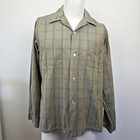 Vtg 50s Long Sleeve Camp Shirt Woven Atomic Geometric Plaid Mens L Loop Collar
