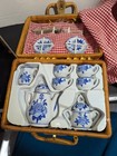 Child s Miniature Ceramic Luncheon Tea Set In Wicker Picnic Basket Blue Roses 