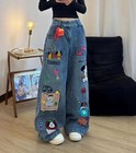Women s Blue Cartoon Decor Denim Jeans Straight Leg Casual Pants Trousers Casual