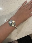 Rare Vintage Mexican Alpaca Bracelet Inlaid Shell Abalone Flower Hinged Bangle