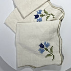 Vtg Hand Embroidered Linen Handkerchiefs Lot 3pc Blue Cornflower Scalloped Hanky