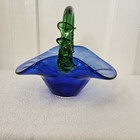 Vintage Cobalt Blue Art Glass Bowl Vase Green Handle 6 x 8 5   