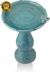 25  Tall Outdoor Ceramic Antique Pedestal Birdbath  2 Bird Figurines Turquoise