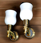 Pair Of Vintage French Sconces Gilded Brass Horse Heads  Orange Satin Roses 