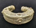 Afghan Tribal Kuchi Bracelet Ornate Engraved Metal Cuff W red Green Stones Vtg