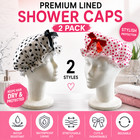 2 Pack Reusable Lined Shower Caps Polka Dot Bow Waterproof Bath Hair Cover