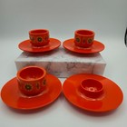 Vintage 70s Orange Plastic Egg Cups   Saucers Set Of 4 Retro Mod Flower Power