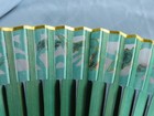 Vintage Japanese Hand Painted Fan Green Silk   Bamboo Slats Mesh Mountain Scene