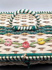 Vintage Sewing Basket  w  Contents  Wicker Weave Floral Top Loop Handle - Japan