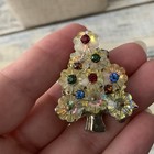 Vintage Christmas Tree Brooch Aurora Borealis Flower Rhinestone Pin 