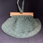 Antique vintage Nededle Work Sewing Carry Bag Fabric Wooden Handle Green