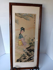 Vtg Japanese Watercolor Painting On Silk Woman In Garden Signed Framed 9  X 20 