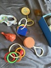 Vintage Lot 1970   s Baby Toys - Rattle - Trinkets - Baby Shoes