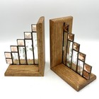 Vintage Leaded Glass   Wood Stepped Geometric Bookends Set Unique Decor