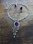 Purple Crystal Choker Rhinestone Necklace Earring Set Bridal Prom Pageant