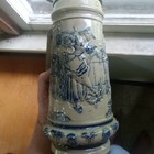 1890s White s Utica Pottery Big 12  Beer Stein Drinking Man With Woman Scene