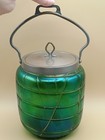 Antique Konig Glass Bisquit Jar Blue Green Iridescent Gold Veined 