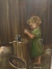 Vintage Helen Drake Oil Painting Child Girl Tree Stump Rustic 20x24 Framed