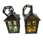 Pair Antique Arts And Crafts Cast Iron Pendant Lights With Incredible Glass