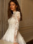 Classic Wedding Dress High Collar Long Sleeve Lace Applique Sparkly Bridal Gown