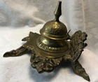 Antique Brass Art Nouveau Ink Well W Glass Insert
