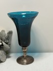 Vintage Gorham Sterling Silver 1444 Mid-century Teal Blue Glass Trumpet Vase 9 5