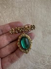 Vintage Antique Style Victorian Revival Gold Green Glass Stone Dangle Brooch Pin