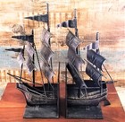 Vtg Ship Bookends Sailing Clipper Pirate Metal Boat Brutalist Spanish Nautical