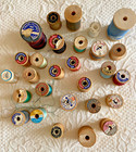 Vtg Wooden Spools Thread Sewing Lot Of 28  Silk Cotton Pequoig  Coats Clark Etc