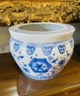Vintage Asian Chinese Blue White Porcelain Fish Bowl Planter Jardiniere Pot Euc
