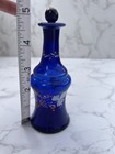 Antique French Cobalt Blue Handblown Hand-painted Glass Perfume Bottle W stopper
