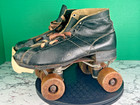 Vintage Riedell Black Leather Roller Skates Wood Wheels Men   s Size 8 Quad