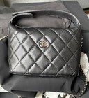 Authentic Chanel 2025 Black Quilted Caviar Leather Hobo Clutch W removable Chain