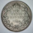 1936 Canada 10 Cents Silver Coin Circulated Vg Canadian Dime Very Good Condition