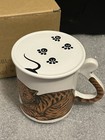 Figural Cat Coffee Mug With Coaster   Lid Tail Handle Vintage Japan  Orange
