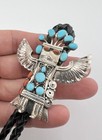 Vtg Navajo Sterling Silver Turquoise Coral Winged Kachina Dancer Bolo Tie 2 3 8 