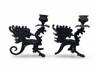 Vintage 1950s Cast Iron Chinese Dragon Candle Holders Pair Gothic Taper 6in