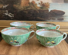  4  Chinese Famille Verte Bok Choy Butterfly Cups   Saucers Antique 19th Ce