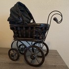 Vintage Victorian Doll Stroller  With Baby Porcelain Doll  Wood Black brown
