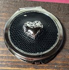 Vintage Silver Tone Double Twin Mirror Hand Compact With Heart On Black Leather