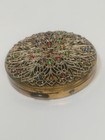 Vintage Gold Filigree Rhinestone Compact Mirror Multi Color Jewel Makeup Case