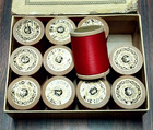 Antique J   P Coats 500 Yard Spools Of Red Six Cord Cotton Thread Orig Box  11 